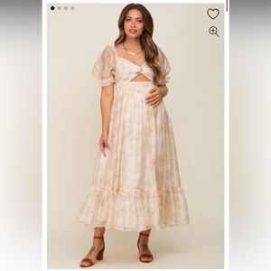 Yellow Floral Shimmer Sweetheart Neck Front Cutout Maternity Midi Dress